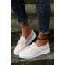 Women's Shoes - White Round-toe Suede Leather Splicing Chic Studded Slip-on Sneakers