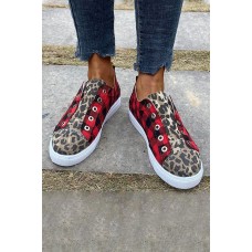 Red Plaid Leopard Patchwork Flat Sneakers