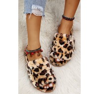 Leopard Print Open Toe Flat Plush Slippers