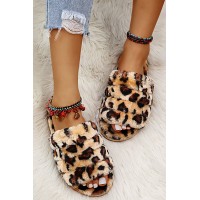 Leopard Print Open Toe Flat Plush Slippers