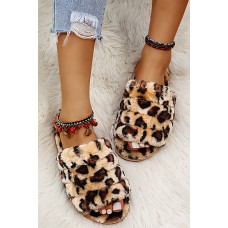 Leopard Print Open Toe Flat Plush Slippers