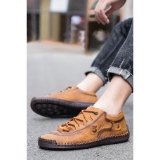 Brown Letter Stitch Trim Lace-up Men's Retro Shoes