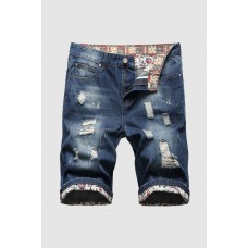 Men's Buttoned Distressed Slim-fit Denim Shorts